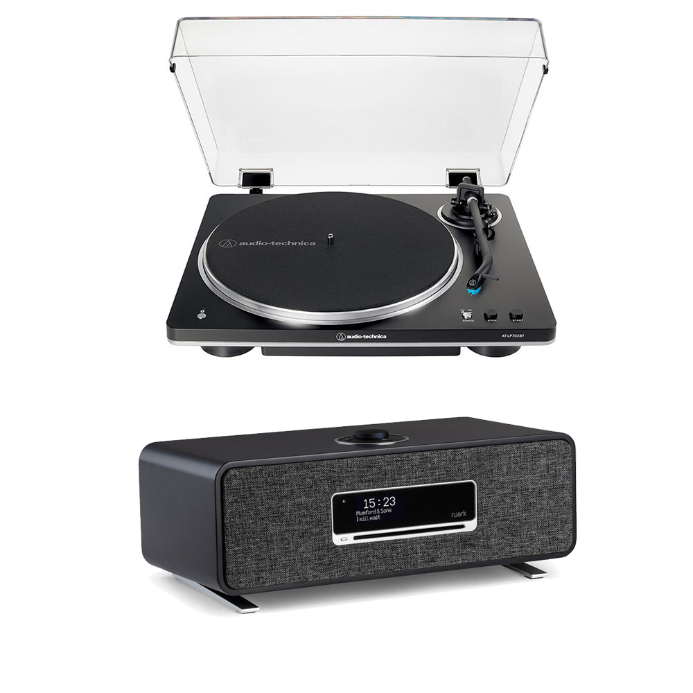 Audio Technica AT-LP70XBT Fully Automatic Bluetooth Wireless Turntable Black and Ruark R3s Music System Charcoal HiFi Package