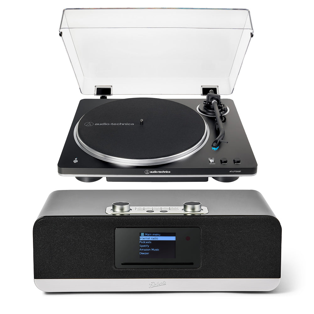 Audio Technica AT-LP70XBT Fully Automatic Bluetooth Wireless Turntable with Roberts Stream 67L All In One Smart Music System Black