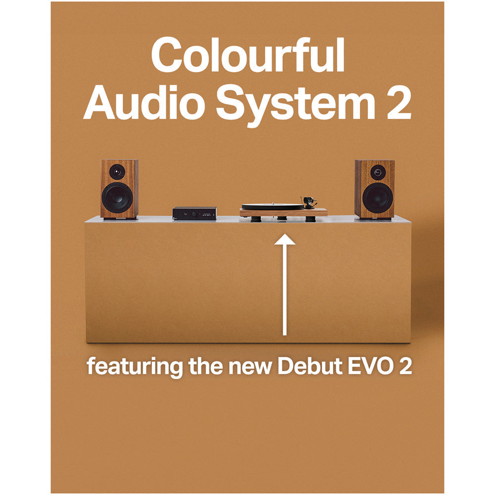 Pro-Ject Colourful Audio System 2 with Debut EVO 2 Turntable MaiA S3 Amplifier and Speaker Box 5 S2 Speakers - Walnut